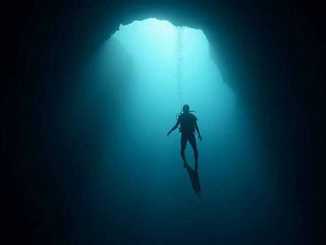 Buzo explorando una cueva submarina con un rayo de luz deslumbrante